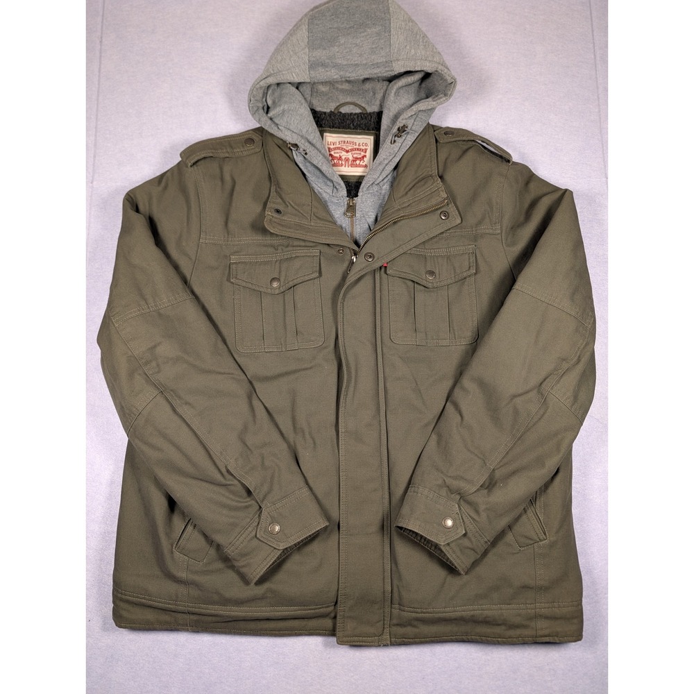Levis Sherpa Trucker Jacket Mens XL Olive Green Hooded Canvas Excellent